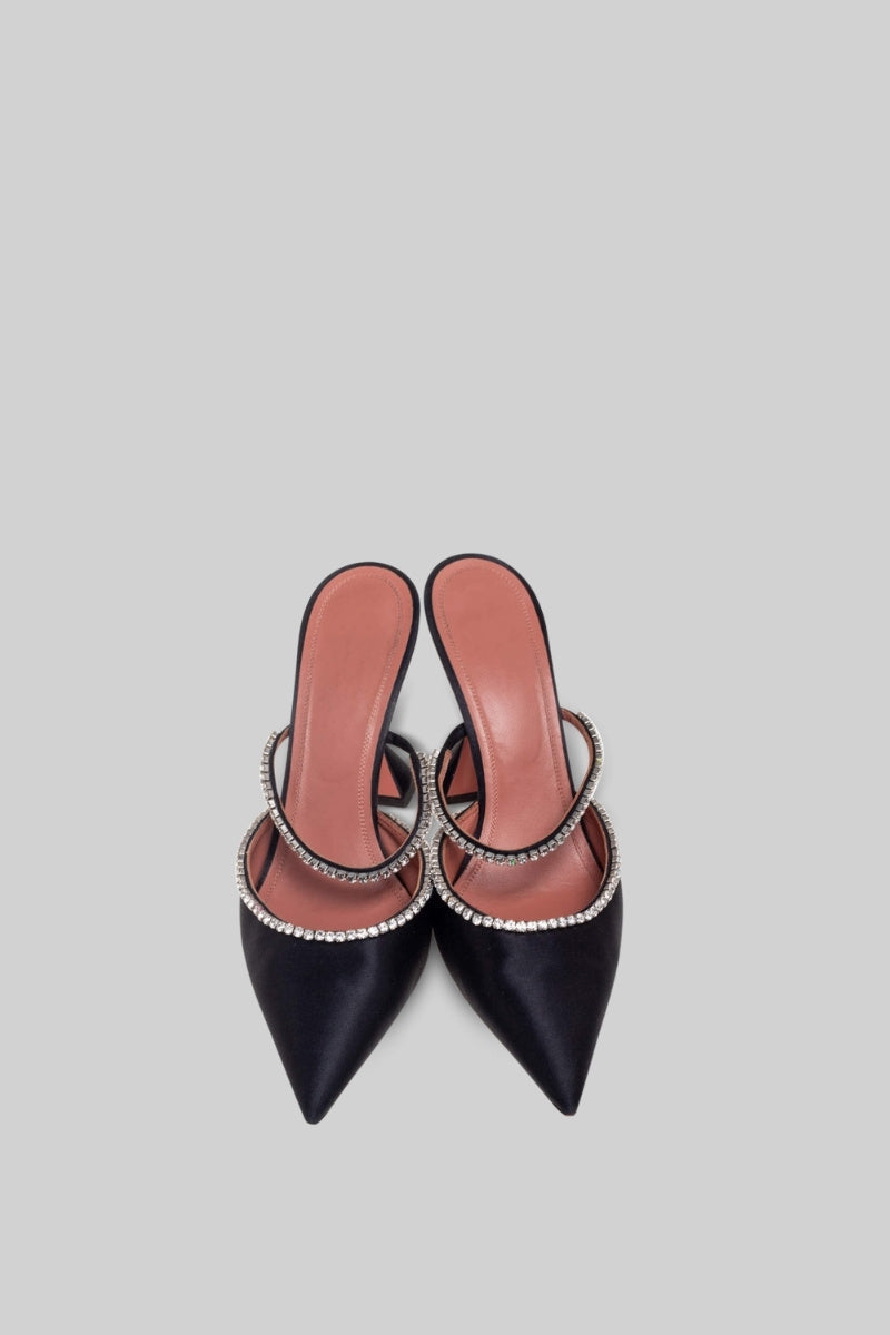Rhinestone Silk Satin Heels | Women | Pointed Toe | Black | Evening Dress Shoes | Steven & Levon