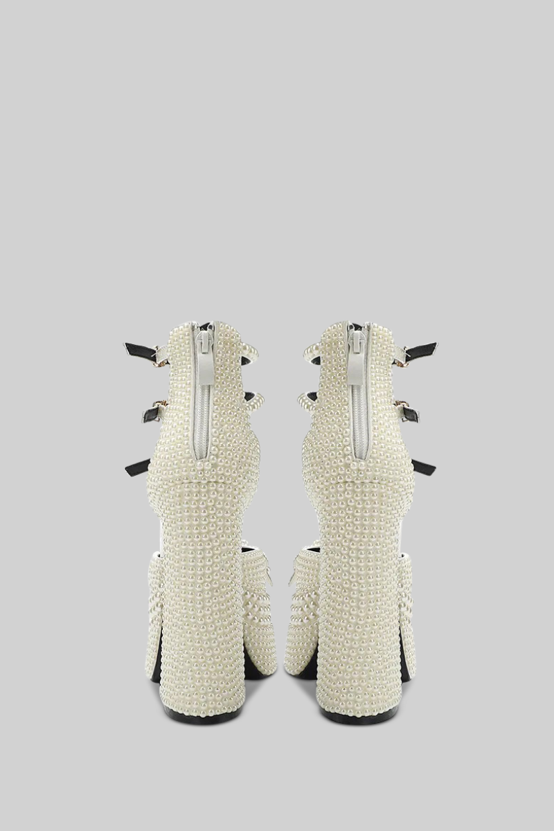 Pearl Embellished Platform Pumps | Women | Chunky Heel | White | Elegant Dress Shoes | Steven & Levon