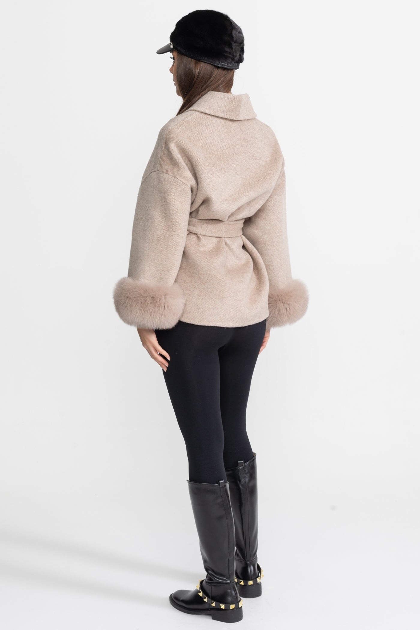 Women's Wool Blend Wrap Jacket | Fox Fur Cuffs | Belted Beige Coat | Steven & Levon