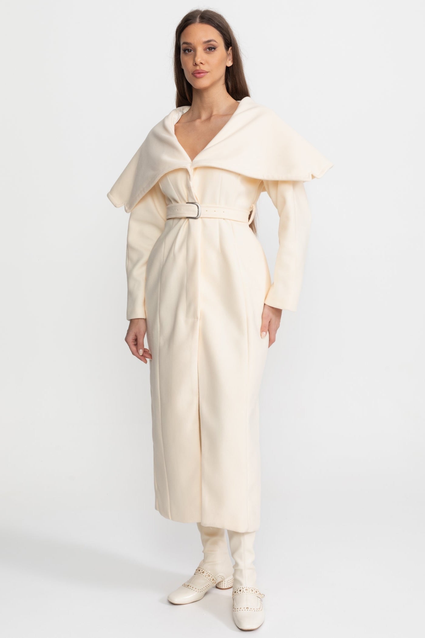 Women's Long Wool Blend Coat | Cape Collar, Belted Waist | Ivoire Longline Winter Coat | Steven & Levon