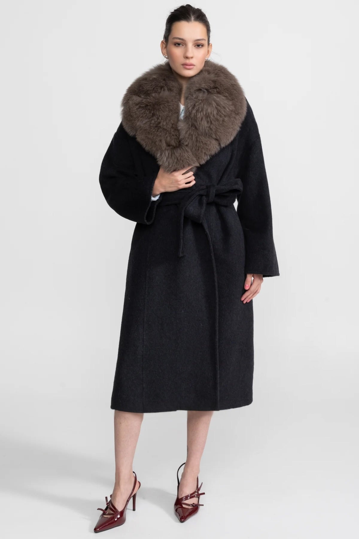 Women's Wool Wrap Coat | Fox Fur Collar | Tie Belt | Black Brown Winter Coat | Steven & Levon