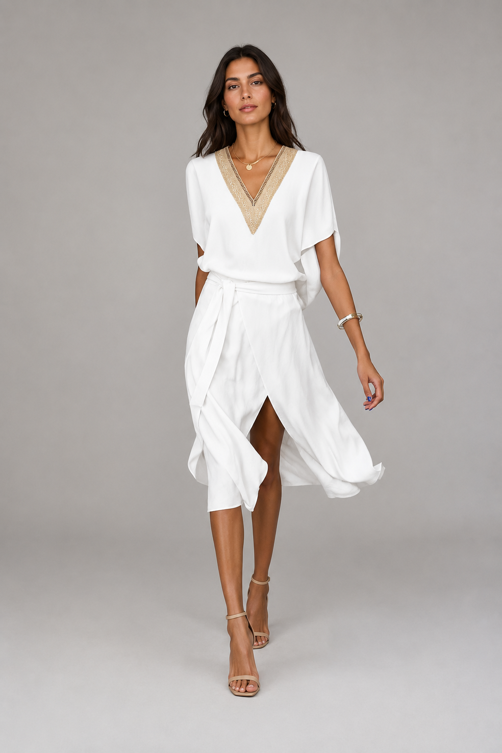 Women's V Neck Tie Waist Midi Dress | Women | Flowing Midi Dress | Tie Waist & Wrap Front | Elegant Occasion Wear | Steven & Levon