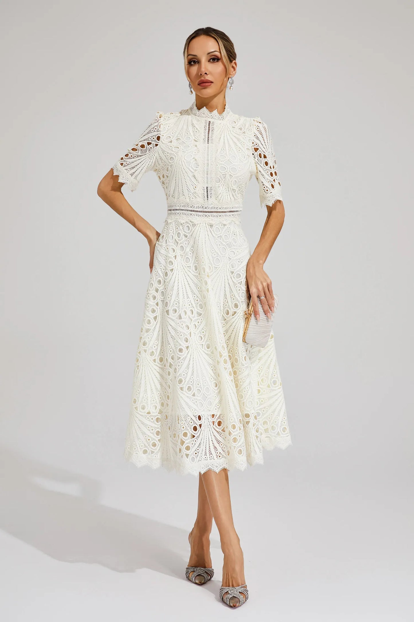 Women's Lace High Neck Midi Dress | Women | Lace | Elegant Midi Length Formal Occasion Dress | Steven & Levon