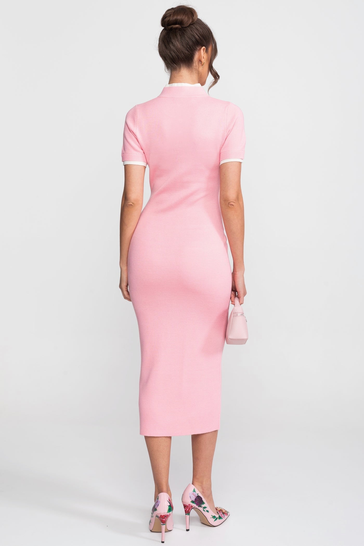 Ribbed Knit Midi Dress | Women | Contrast Trim | Decorative Pockets | Pink | Steven & Levon