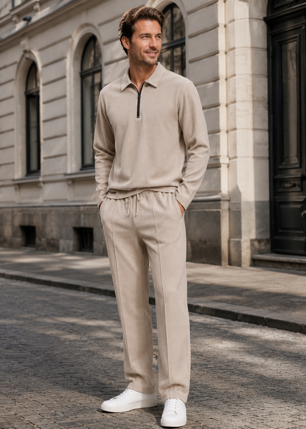 Men’s Zippered Lounge Set | Men | Waffle Fabric | Polyester | 2-Piece Casual Tracksuit | Steven & Levon