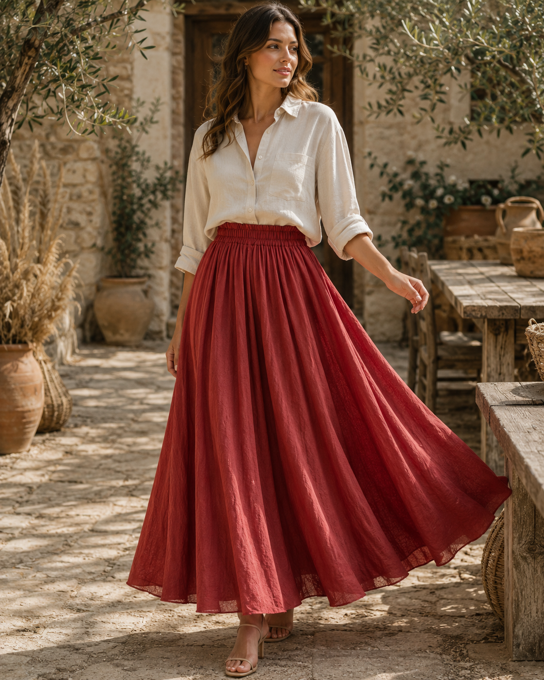 Bohemian Linen Maxi Skirt | Women | Polyester | High Waist A-Line Flowy Boho Style | Steven & Levon
