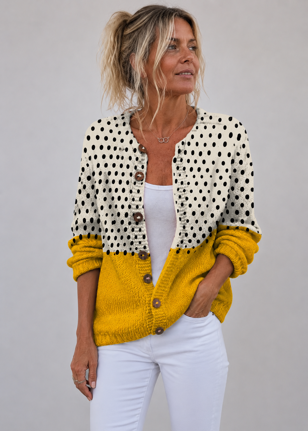 Polka Dot Cardigan | Button Front Sweater | Women's Vintage Knit Sweater | Steven & Levon