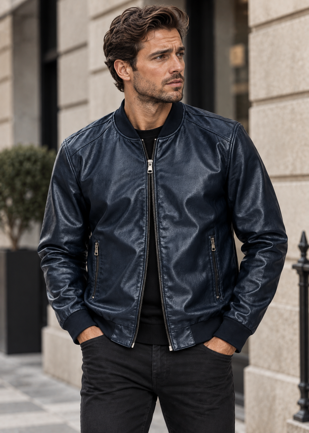 Men's Bomber Jacket | Synthetic Leather | Zip Front | Casual Outerwear | Steven & Levon