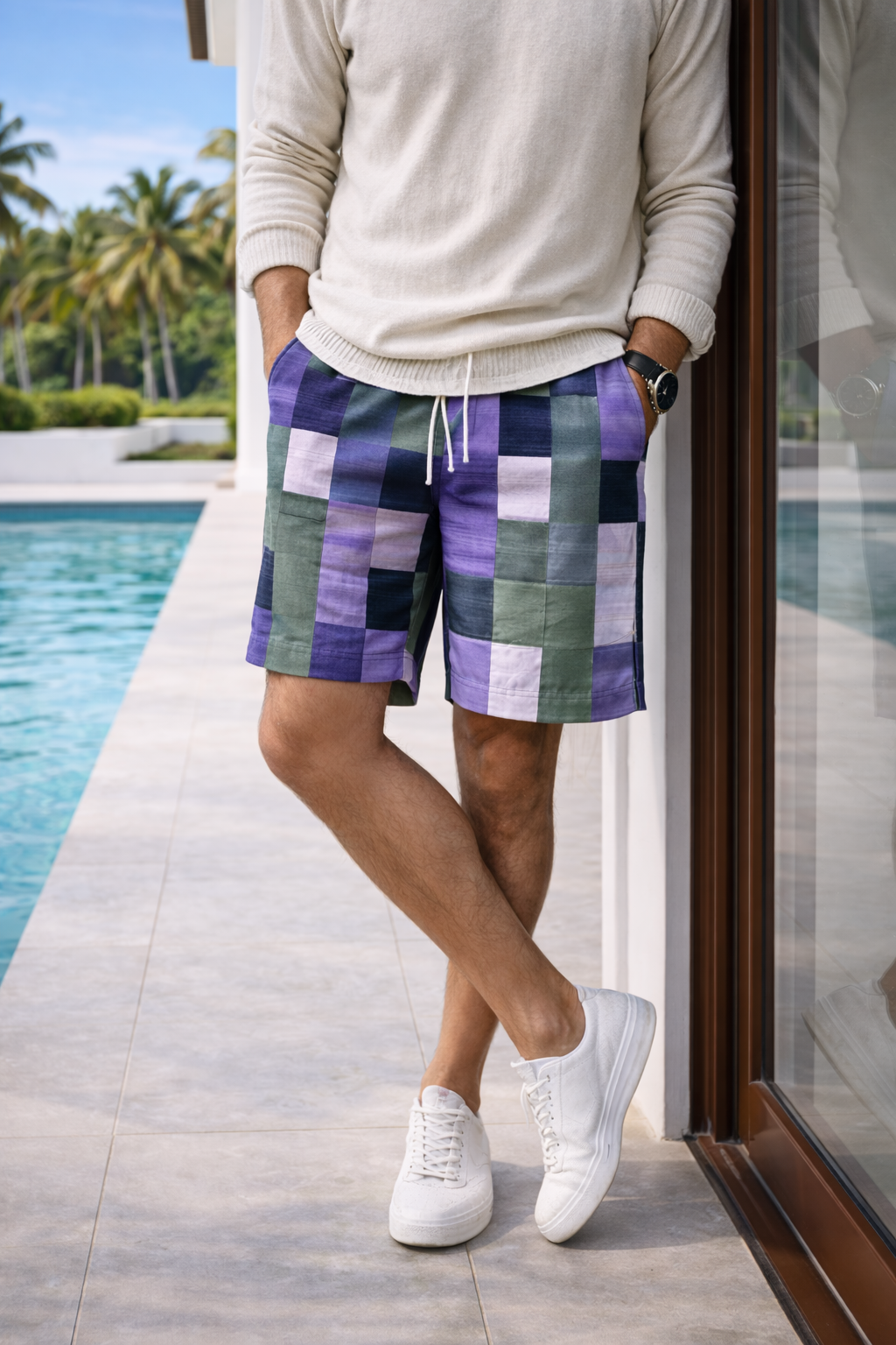 Men’s Patchwork Print Beach Shorts | Lightweight Drawstring Shorts | Summer Swimwear | Steven & Levon