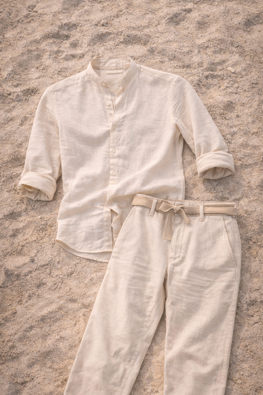 Men's Linen Two Piece Set | Collarless Shirt & Straight Leg Trousers | Smart Casual Co-Ord | Steven & Levon