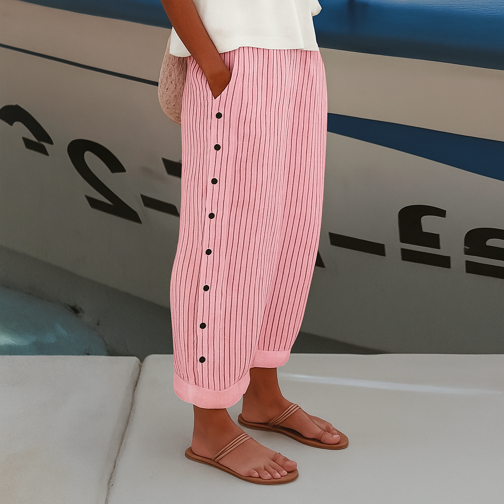 Striped Casual Pants | Women | Button Detail | Relaxed Fit | Everyday Trousers | Steven & Levon