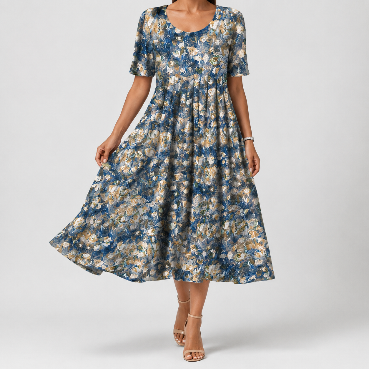 Summer Floral Midi Dress | Women | Lightweight Fabric | V-Neck Button Front Short Sleeve with Pockets | Steven & Levon