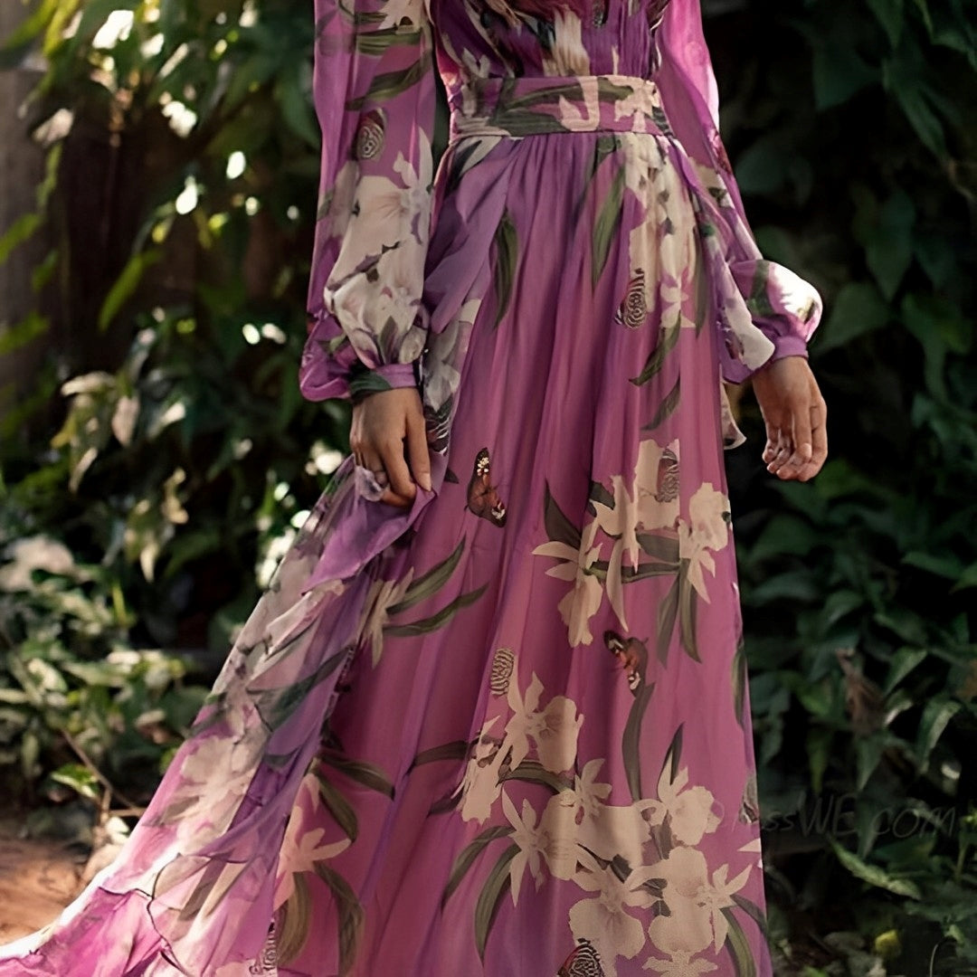Floral Maxi Dress | Long Sleeve V-Neck | Flowy Wedding Guest Dress | Steven & Levon