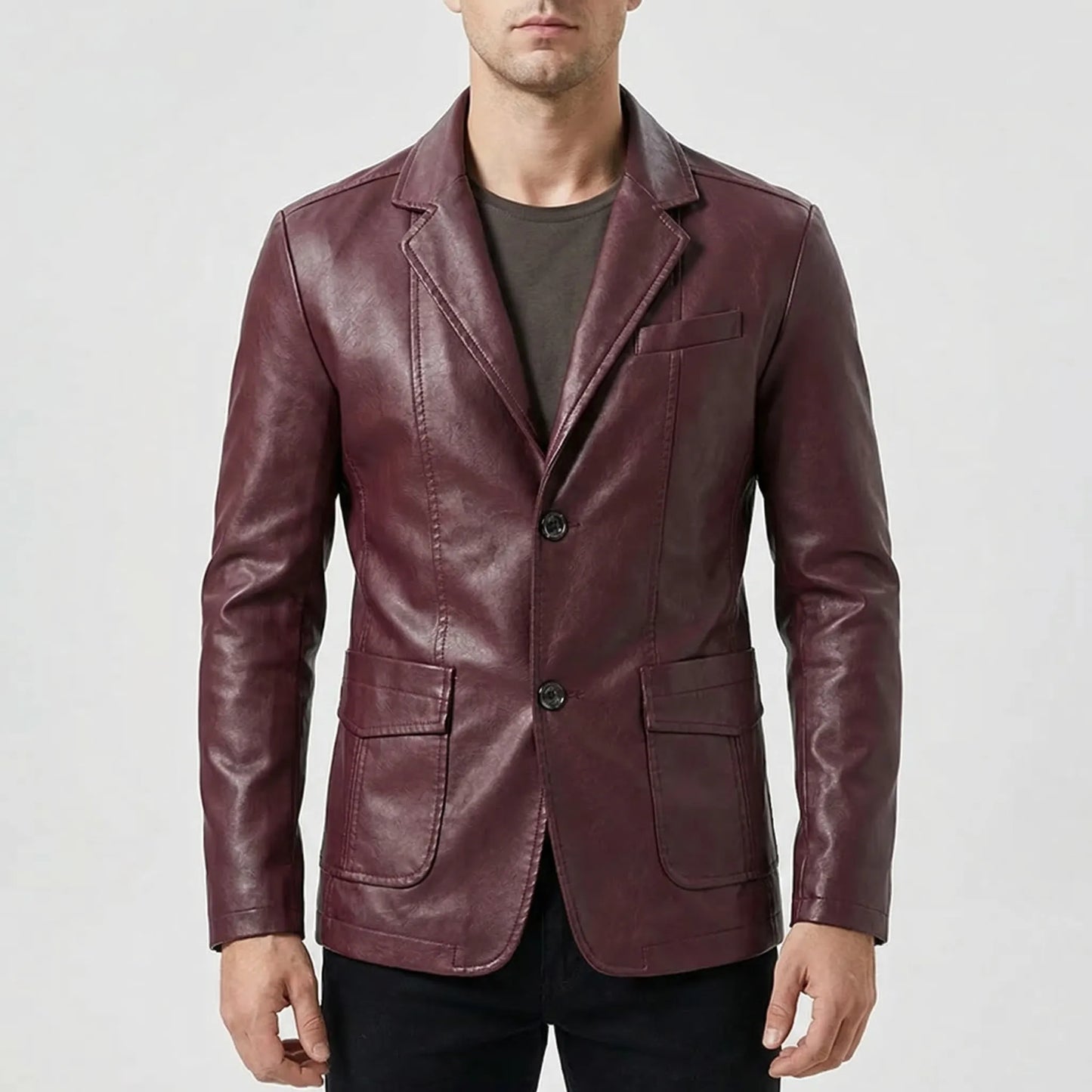 Covrux - Suit Collar Faux Leather Jacket Smart Casual Dressing