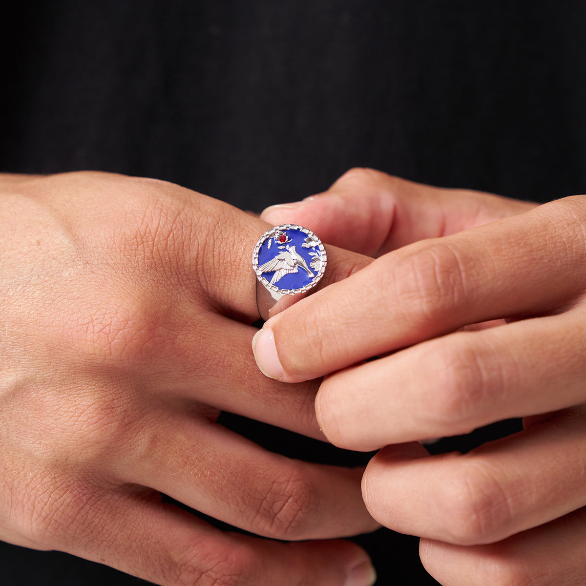Swallow Signet Ring | Silver | Men | 316L Stainless Steel | Blue Enamel | Steven & Levon