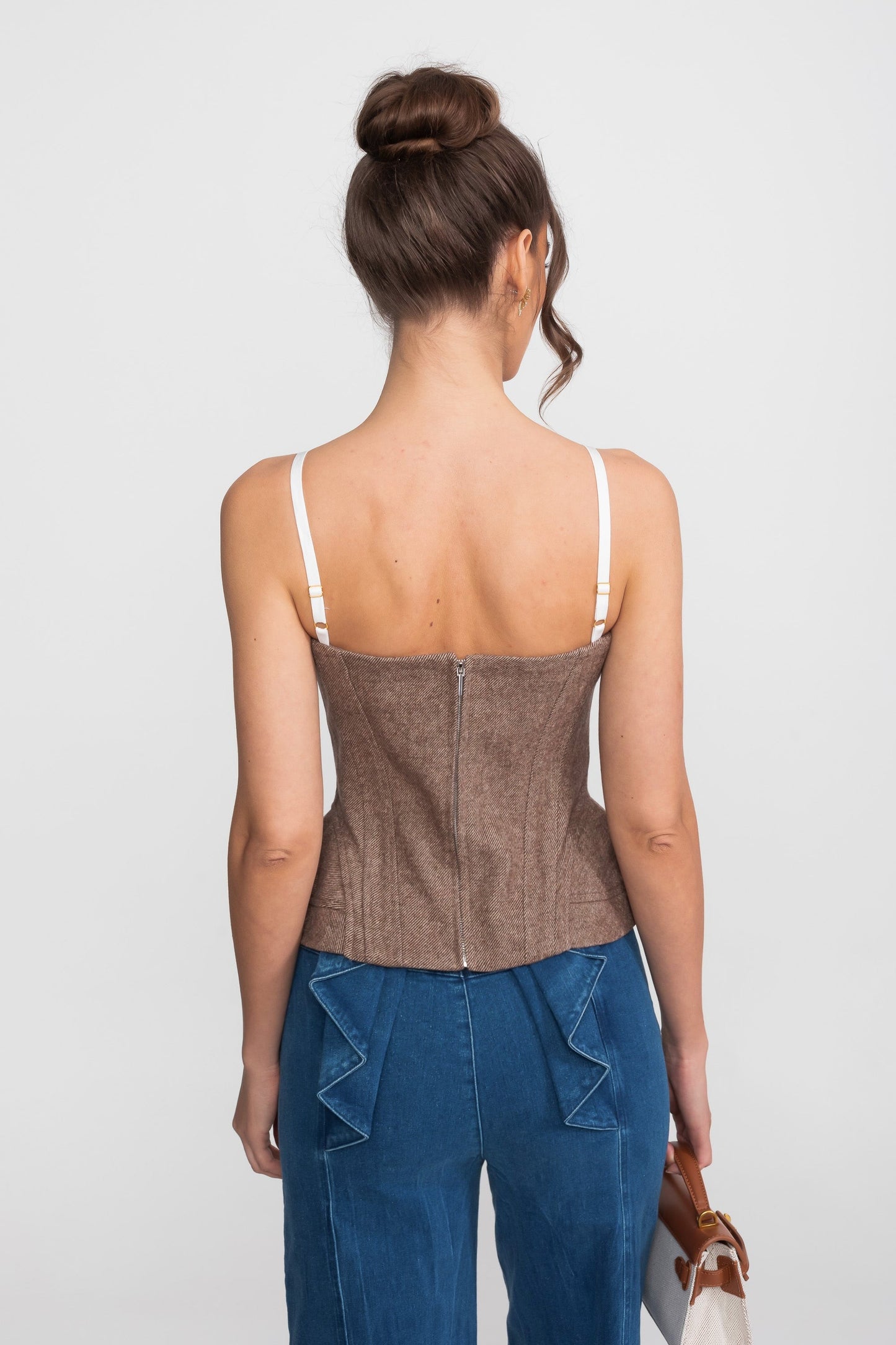 Structured Tweed Corset Top | Women | Lace Straps | Peplum Hem | Brown | Steven & Levon