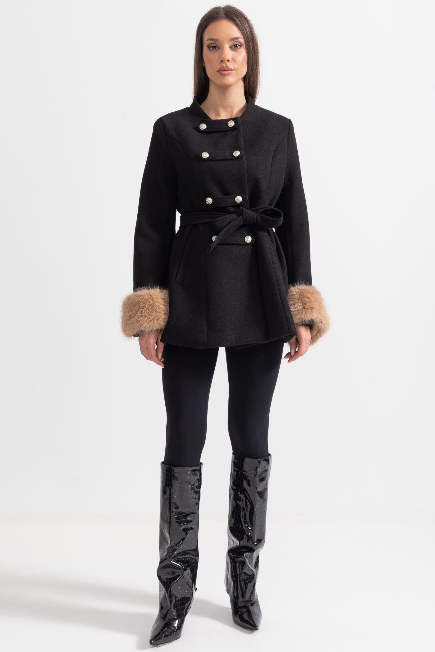 Double-Breasted Coat | Women's Wool Coat | Detachable Cape, Faux Fur Collar & Cuffs, Belted Black Overcoat | Steven & Levon