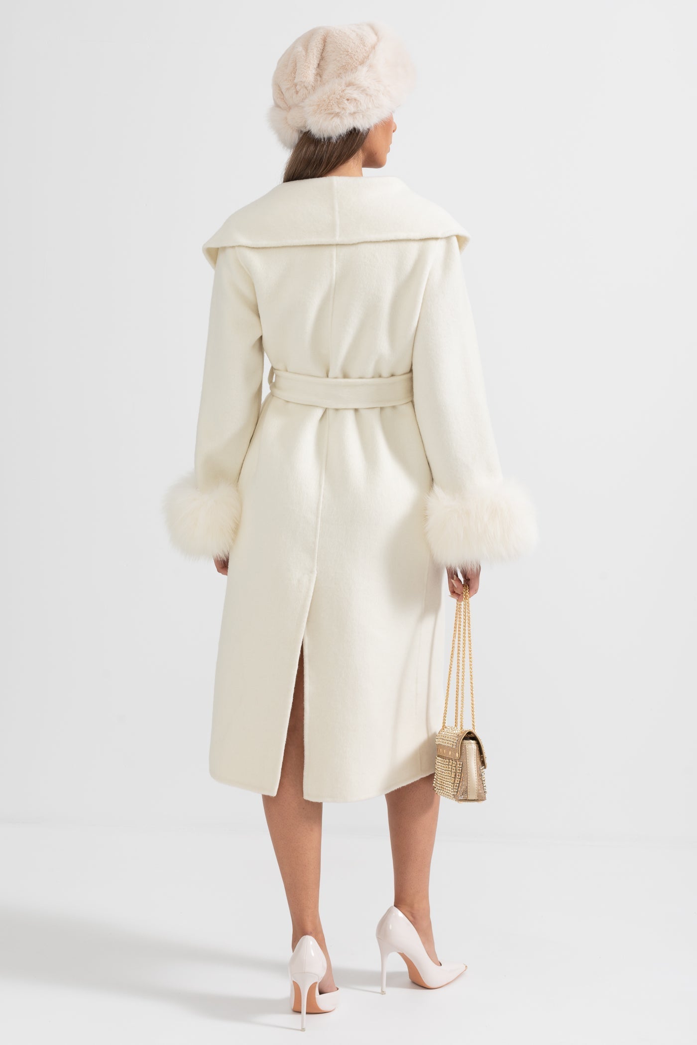 Women's Wool & Cashmere Long Coat | Fox Fur Cuffs | Belted Waist, Oversized Lapel Ivoire Coat | Steven & Levon