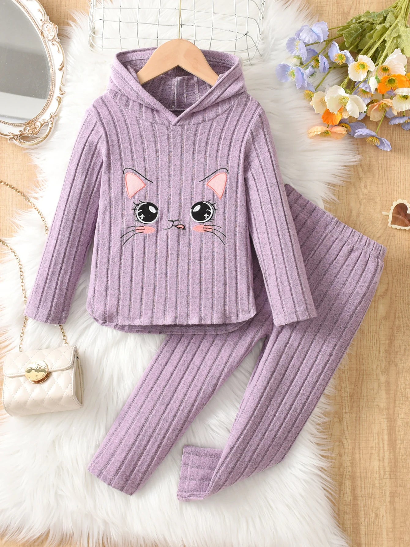 Gina | Girls Hoodie & Pants Set | Ribbed Knit | Embroidered 2-Piece Casual Outfit | Steven & Levon