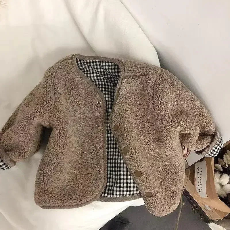 Kids Reversible Fleece Jacket | Boys & Girls | Plaid Lining | Winter Coat | Warm Outerwear | Steven & Levon