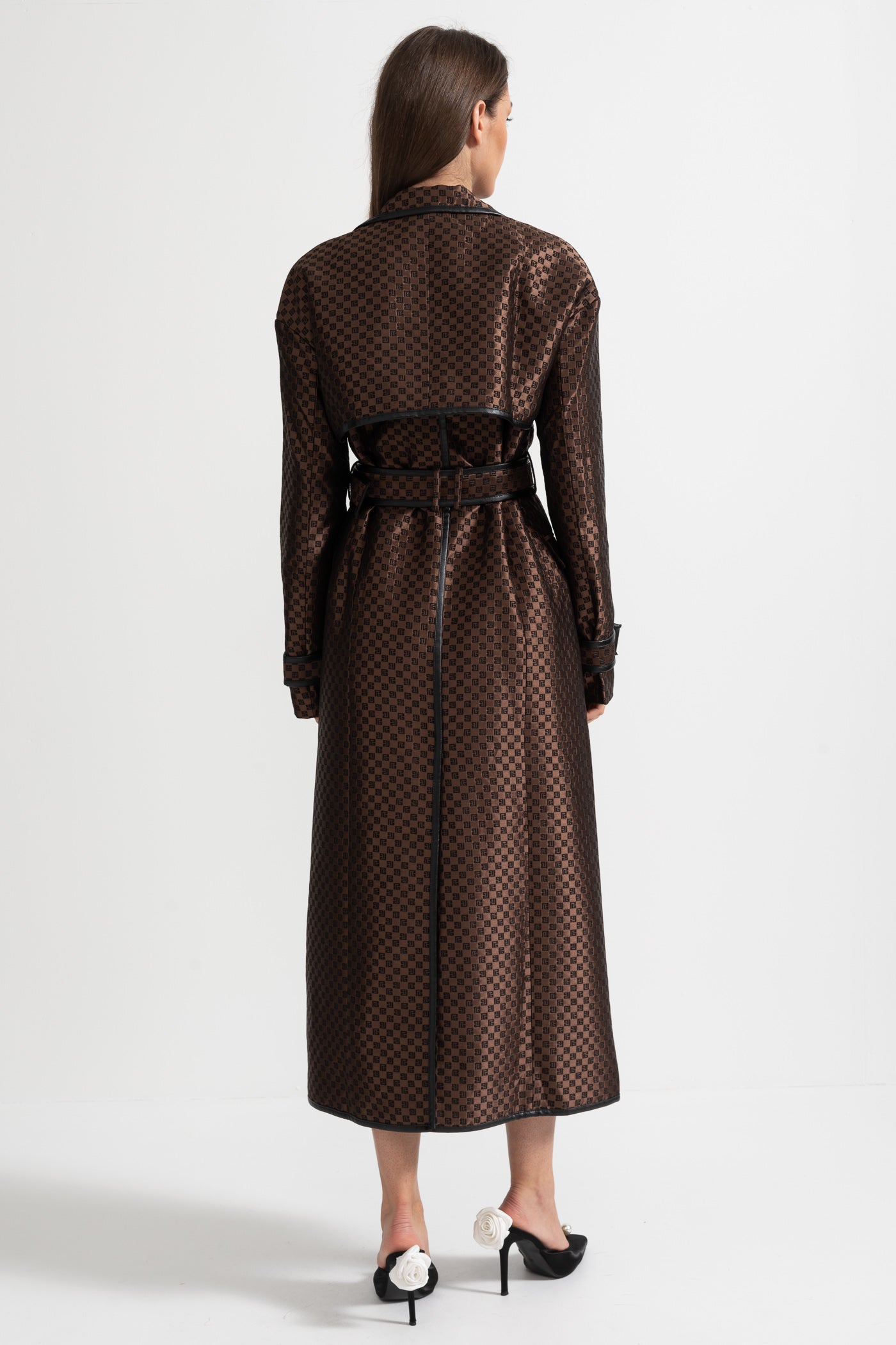 Women's Jacquard Trench Coat | Brown | Wide Lapel | Gold Buckle Belt | Steven & Levon
