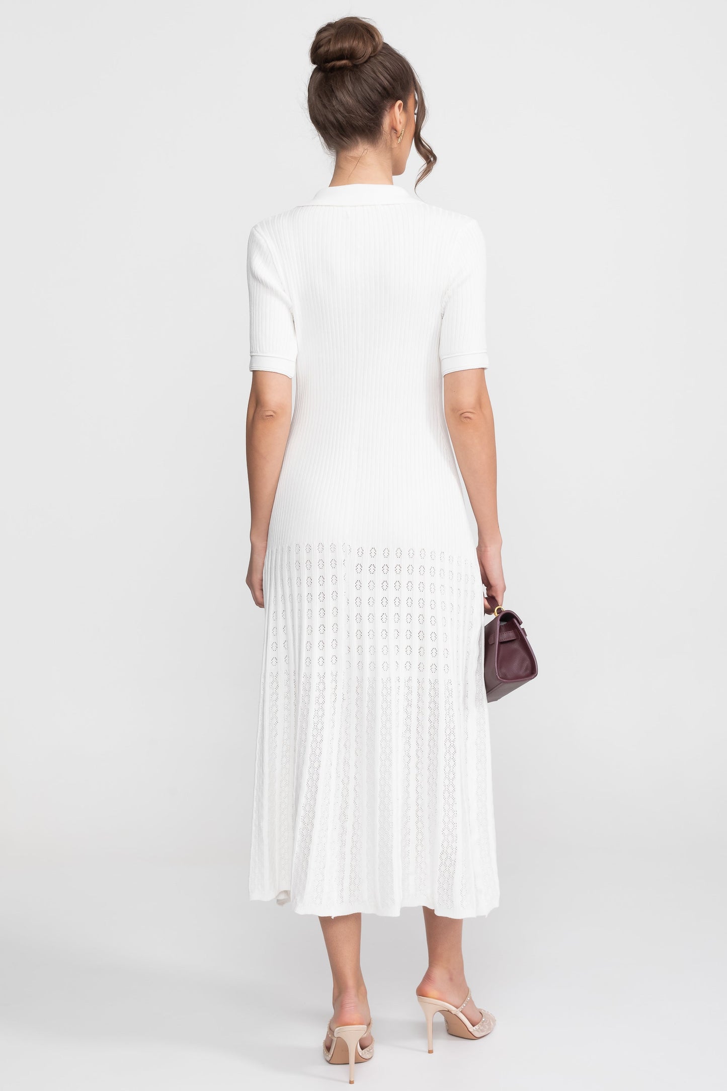 Ribbed Knit Midi Dress | Women | Peter Pan Collar | Pleated Skirt | White | Steven & Levon