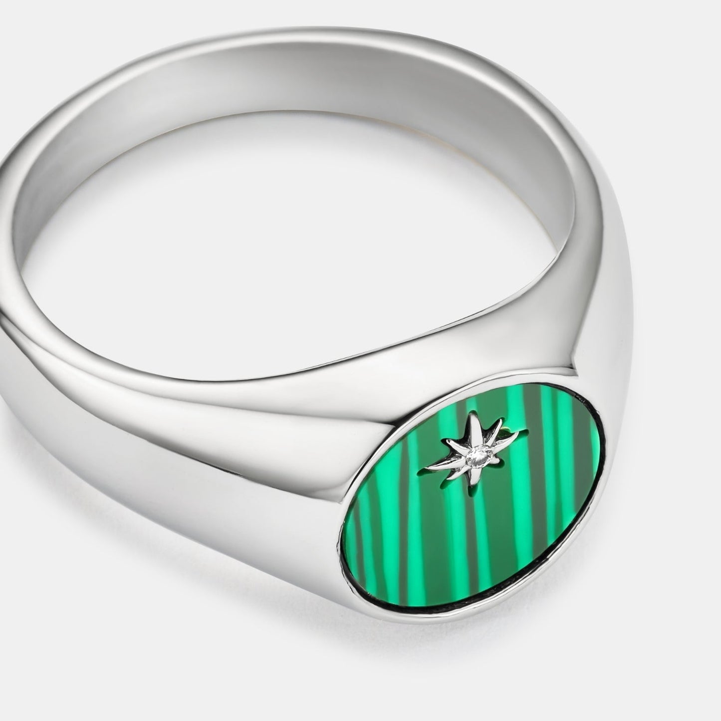 Malachite North Star Signet Ring | Silver | Men | Stainless Steel | Green Malachite | Star Detail | Steven & Levon