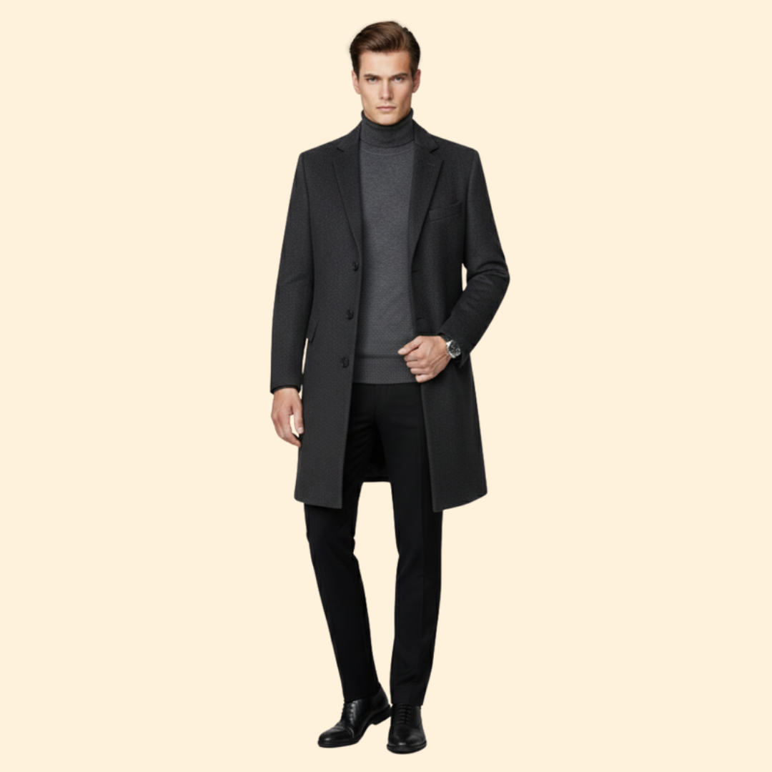 Men's Modern Fit Long Coat | Tailored Overcoat | Smart Casual Style | Steven & Levon