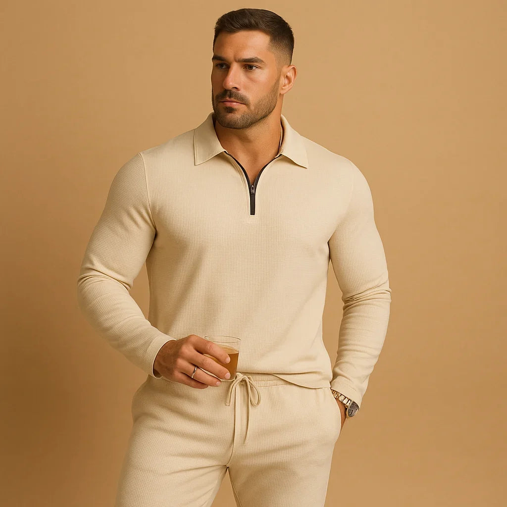 Men's Slim Fit Tracksuit | Zip Front Polo Top | Tapered Joggers Adjustable Waistband | Steven & Levon