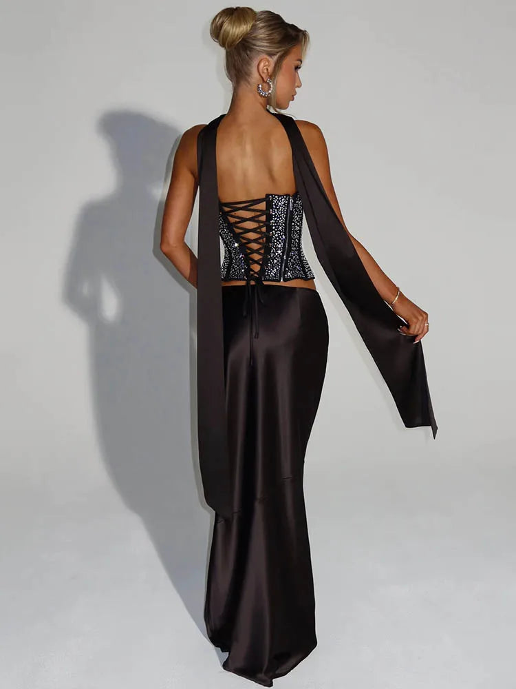 Women's Backless Crop Top | Sequin Co Ord Set | High Waisted Maxi Skirt | V Neck | Steven & Levon