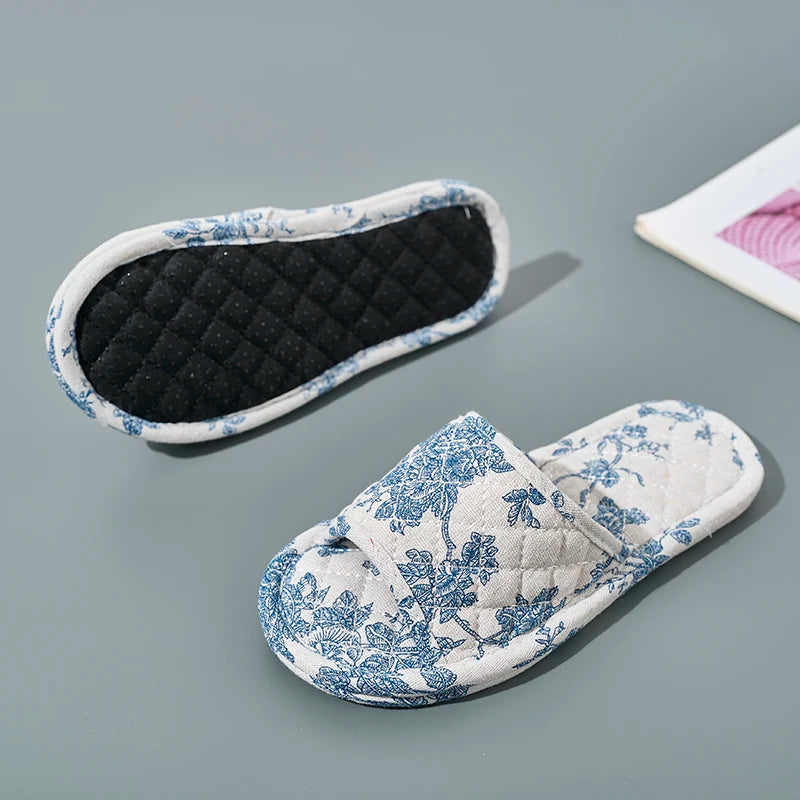Women's Cotton Indoor Slippers | Geometric Pattern | Non Slip Fabric Sole | Blue | Steven & Levon