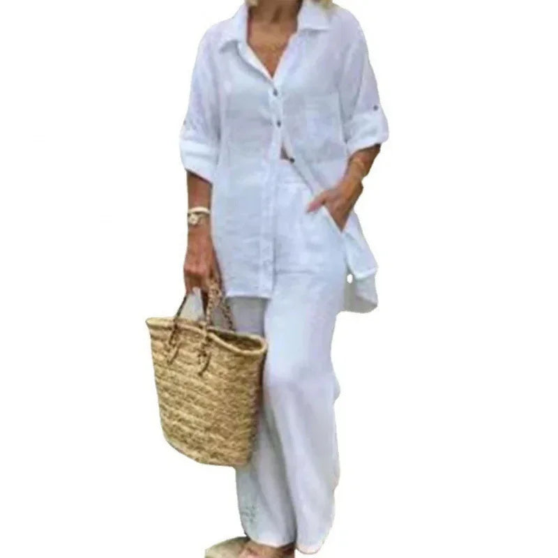 Women's Oversized Linen Blend Set | Long Sleeve Blouse & Wide-Leg Trousers | Relaxed Fit | Steven & Levon