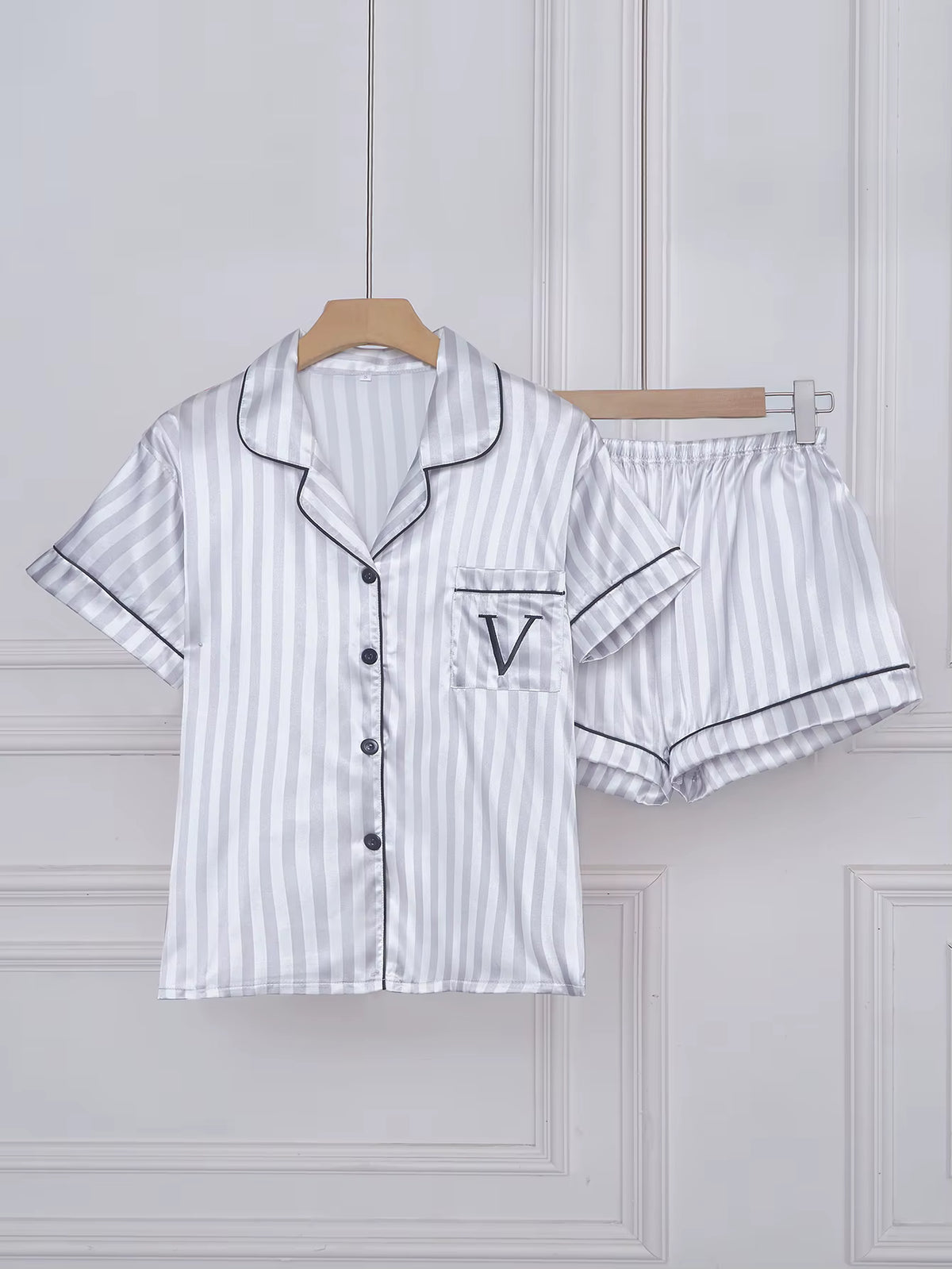 Women's Satin Pajama Set | Striped Embroidery | Short Sleeve & Shorts | Steven & Levon