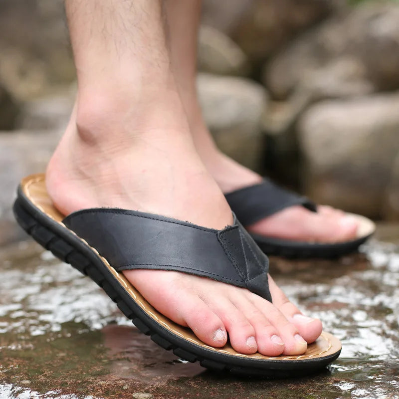 Men's Leather Flip Flops | Sandals | Non-Slip Comfort Sole | Casual Beach Slippers | Steven & Levon