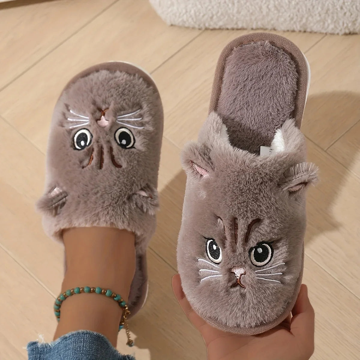 Women's Plush Cat Slippers | Polyester Upper | Non Slip EVA Sole | Flat Heel | Steven & Levon
