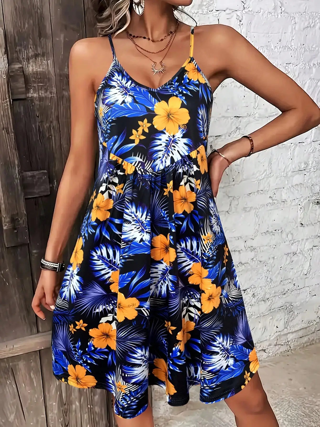 Mini Dress | Women's Floral Square Neck Spaghetti Strap Dress | A-Line | Steven & Levon