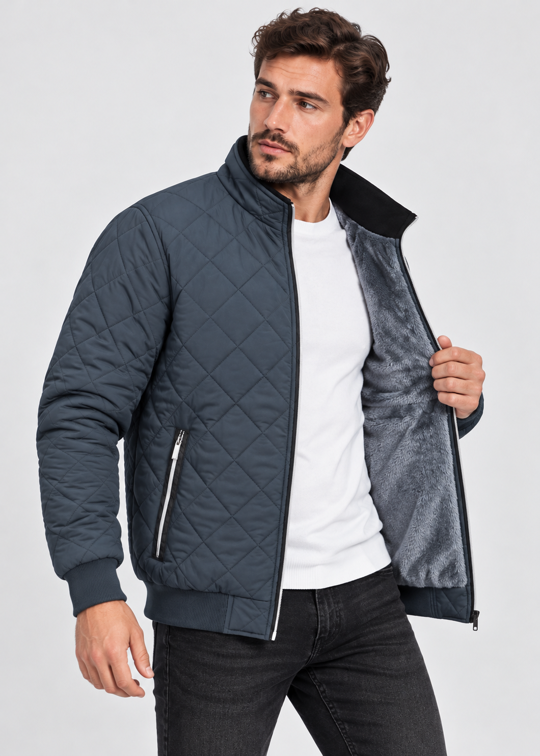 Men's Fleece Bomber Jacket | Slim Fit | Diamond Pattern | Zip Front | Winter Wear | Steven & Levon