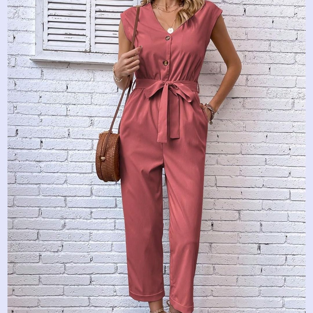 V Neck Jumpsuit | Women | Short Sleeve | Elegant Casual Style | Lightweight Fit | Steven & Levon