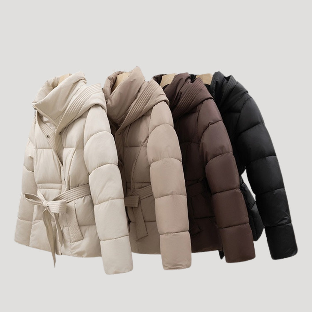 Women's Puffer Jacket | Brown Hooded Belted | Lightweight Warm Winter Outerwear | Steven & Levon