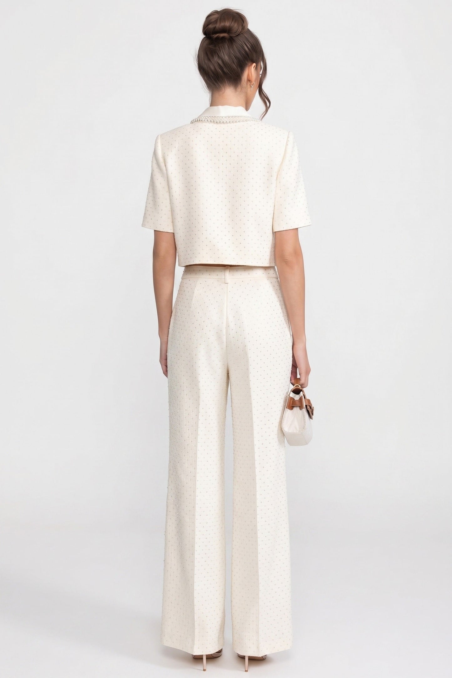 Short Sleeve Tweed Cropped Jacket | Women | Crystal Collar | Embellished | Ivoire | Steven & Levon