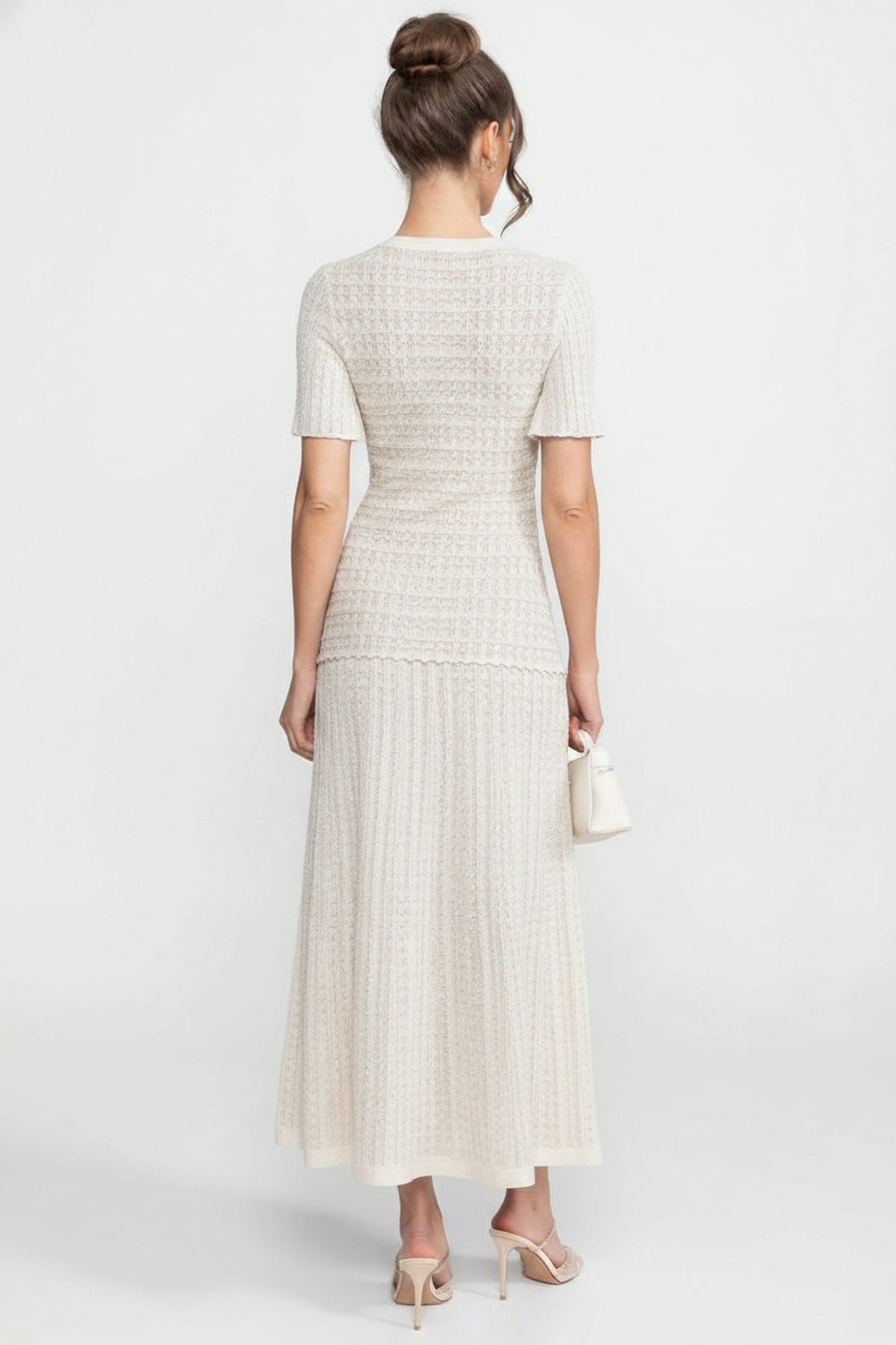 Short Sleeve Midi Dress | Women | Shimmer Knit Texture | White | Lightweight Elegant Dress | Steven & Levon