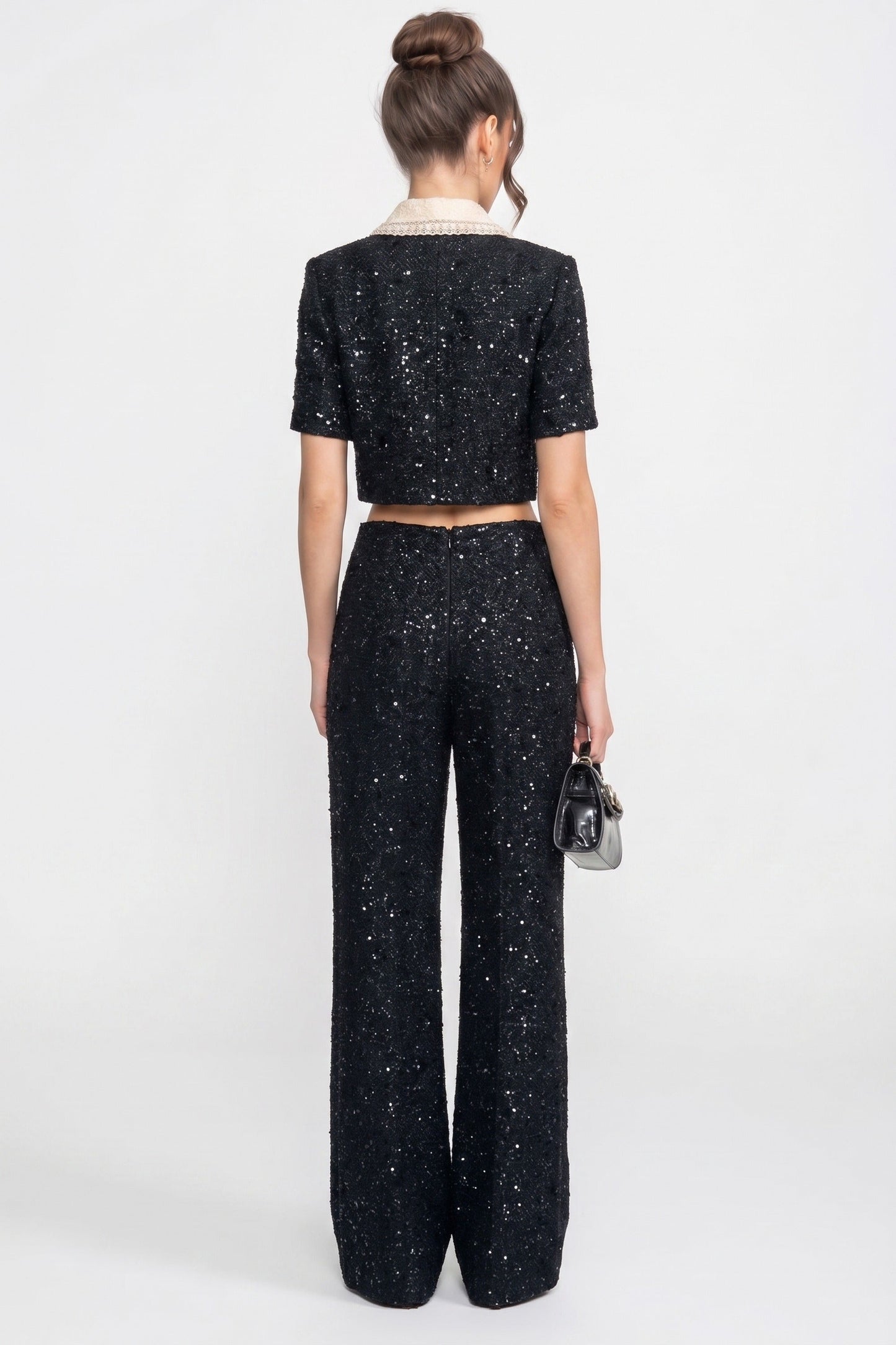 Tweed Cropped Jacket | Women | Contrast Collar | Sequin Detail | Black | Steven & Levon