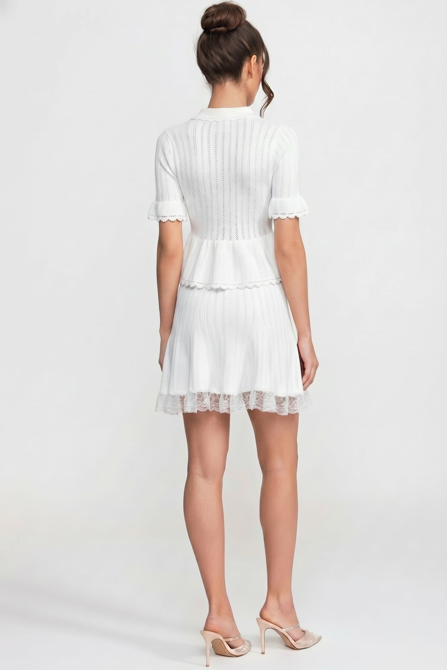 Peter Pan Collar Knit Top & Skirt Set | Women | Lace Hem | Button Front | White | Steven & Levon
