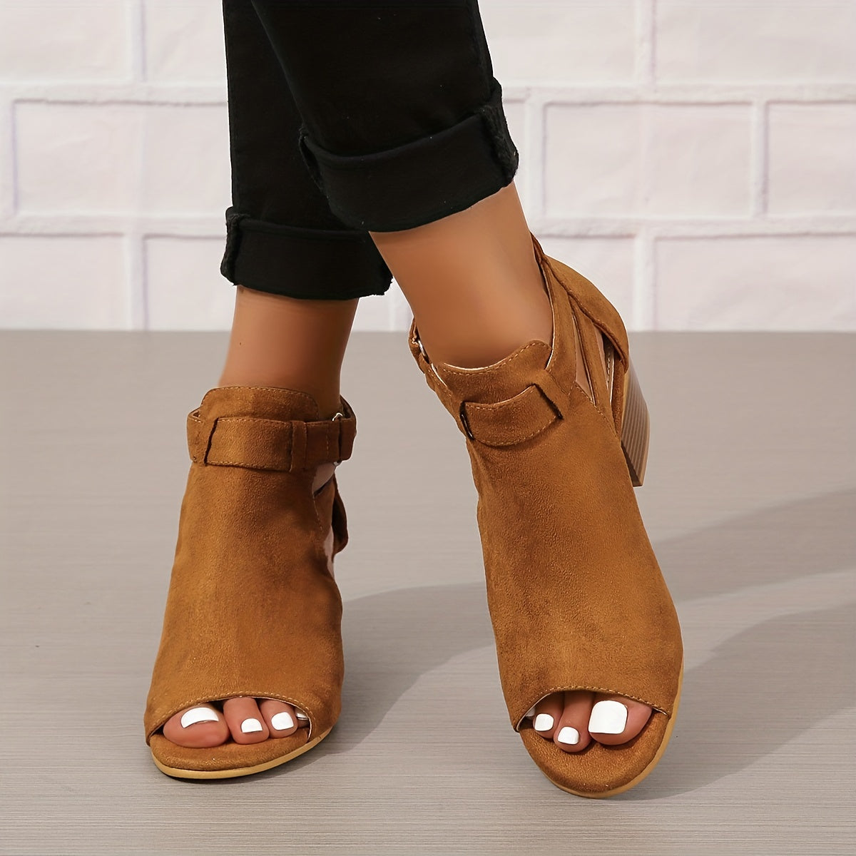 Elegant Peep-Toe Block Heel Sandals | Buckle Ankle Strap & Cut-Out Design | Steven & Levon