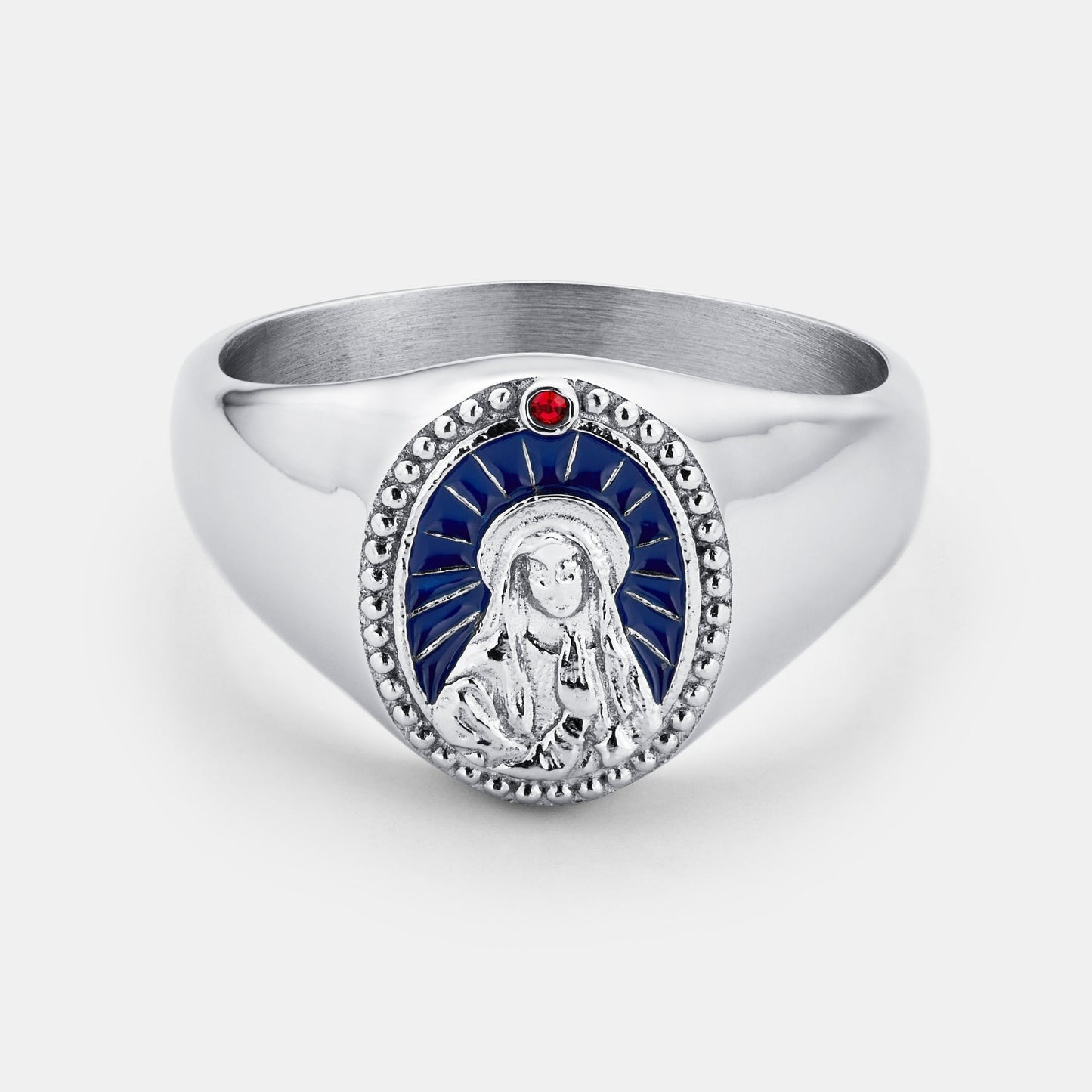 Virgin Mary Ring | Gold or Silver | Unisex | Stainless Steel | Blue Enamel | Signet | Steven & Levon