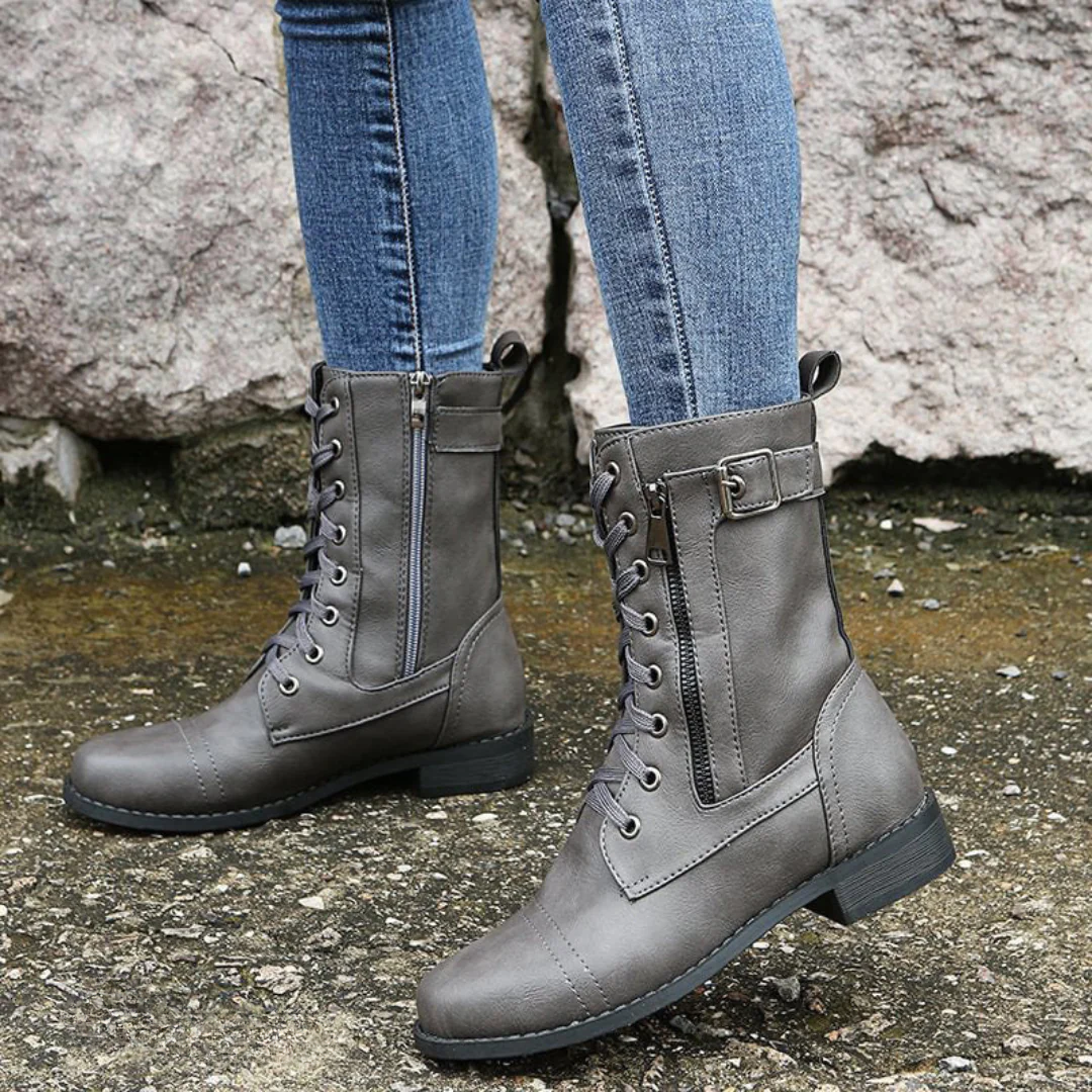 Lace-Up Ankle Boots for Women | Side Zip | Buckle Detail | Combat Style | Steven & Levon