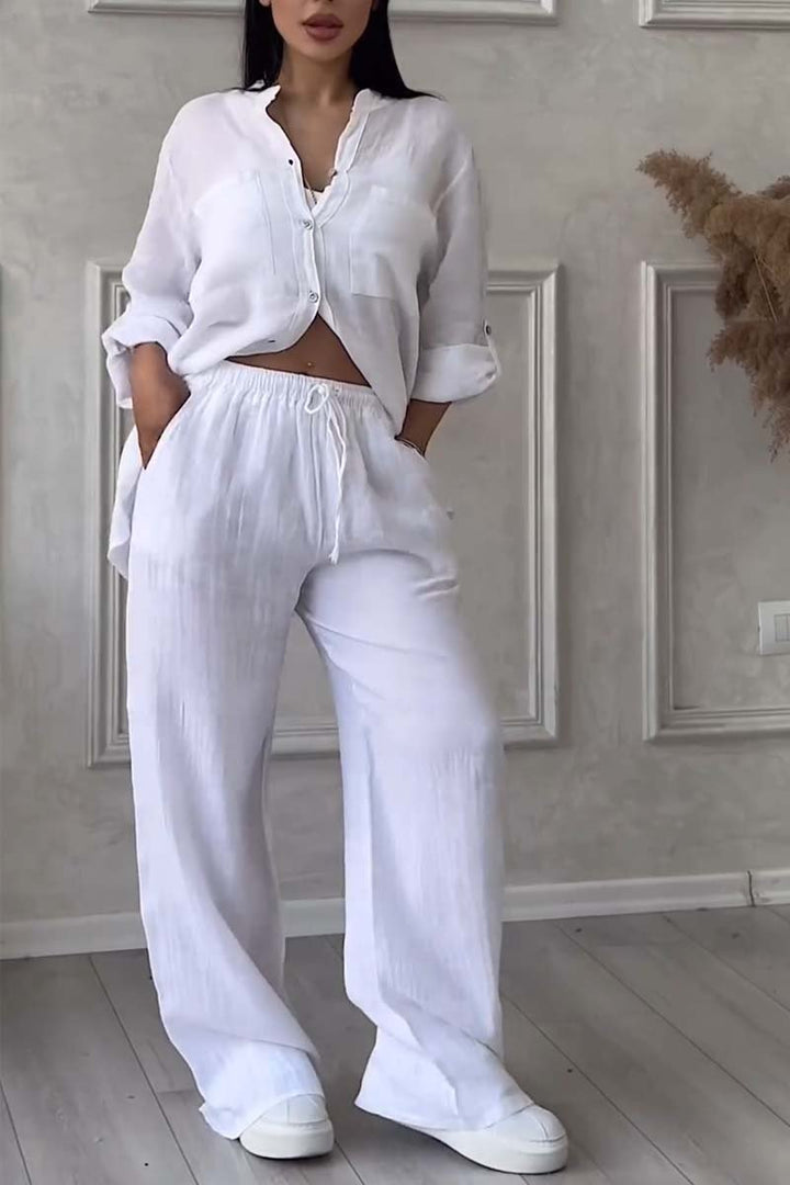 Women's Linen Blend Set | Long-Sleeve Shirt & Straight-Leg Trousers | Relaxed Fit | Steven & Levon
