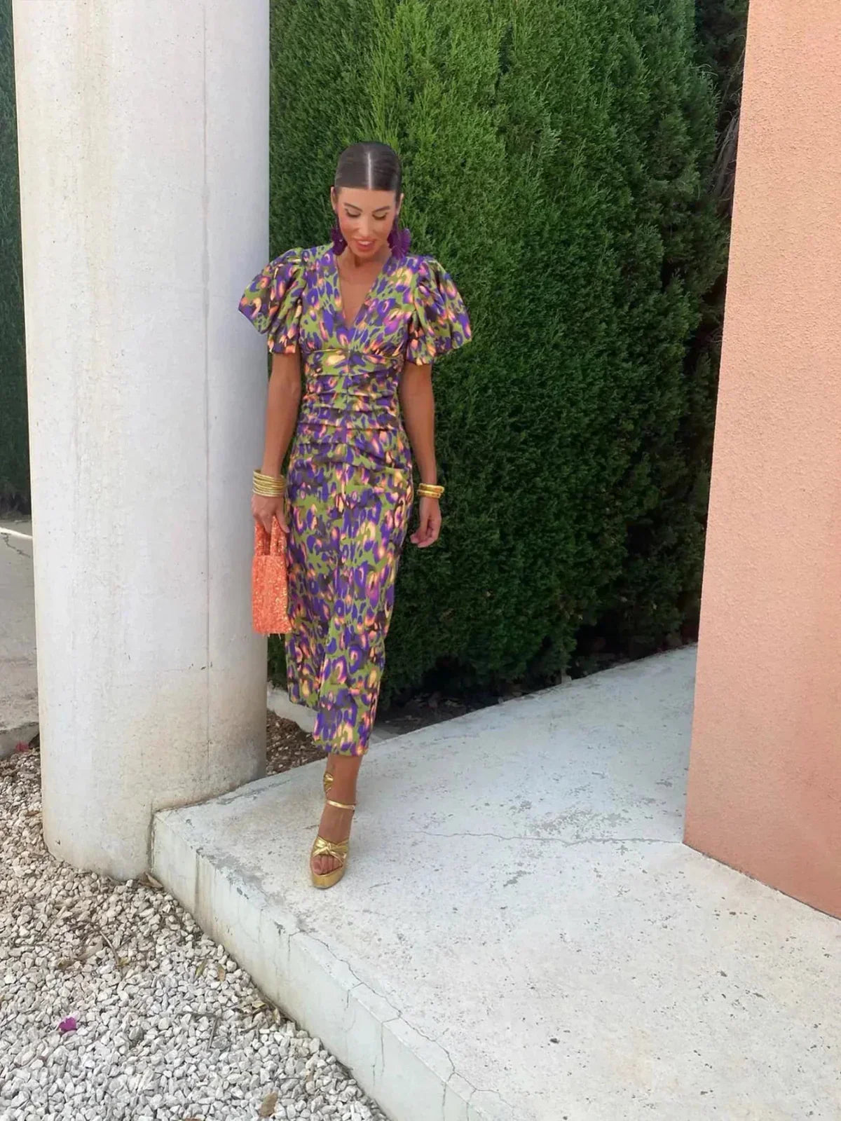 Women's Puff Sleeve Print Midi Dress | Floral Occasion Dress | Steven & Levon