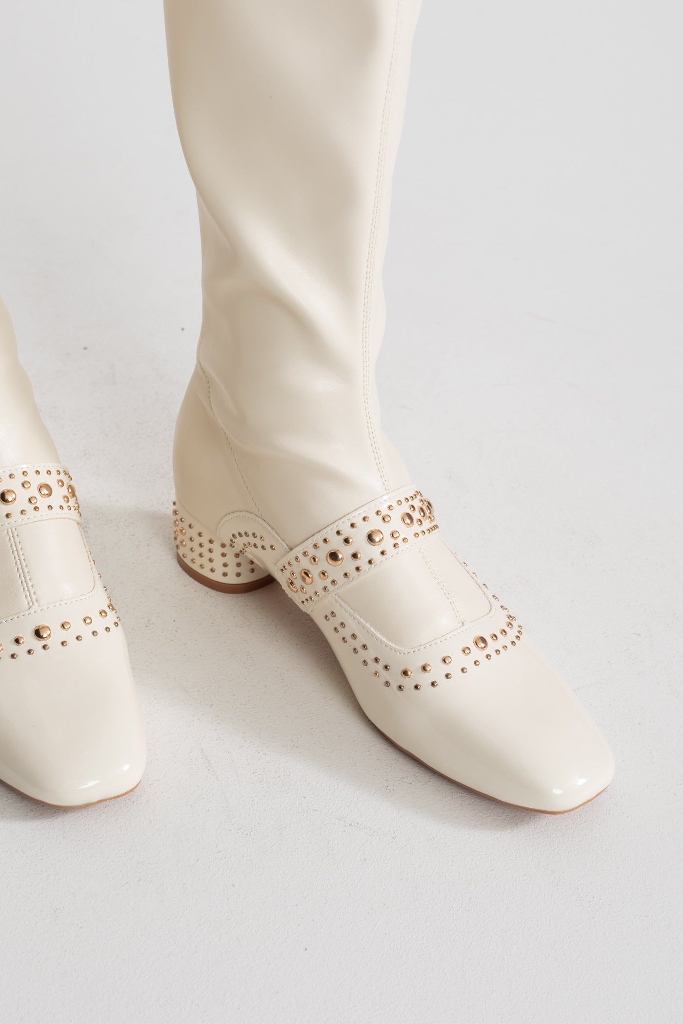 Studded Knee High Boots | Women | Pearl Strap | Ivoire | Steven & Levon