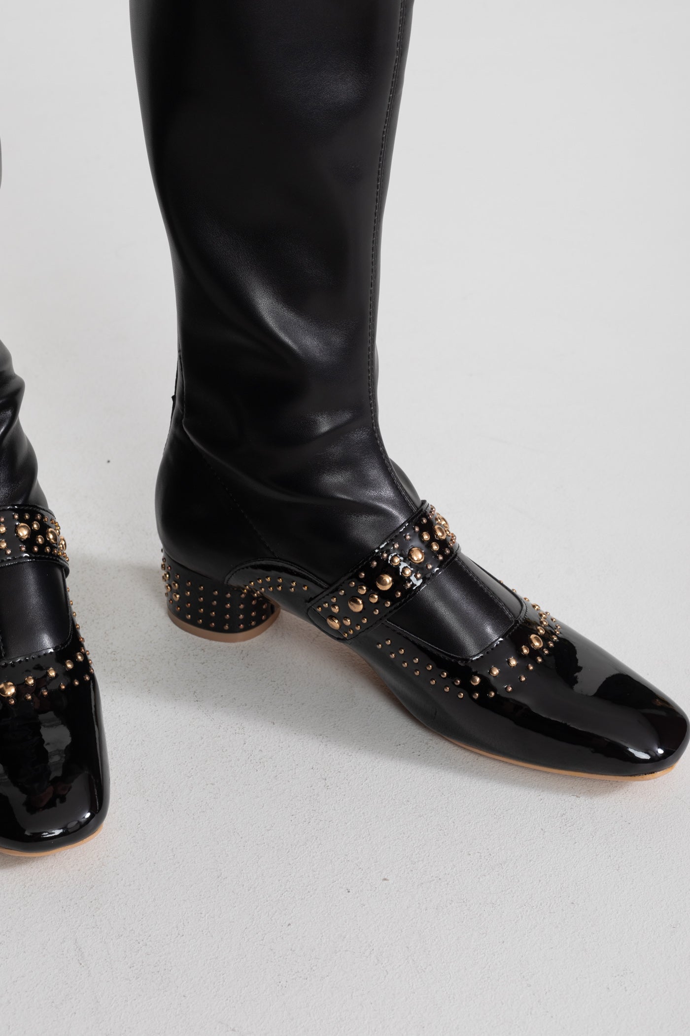 Studded Knee High Boots | Women | Pearl Strap | Black | Steven & Levon